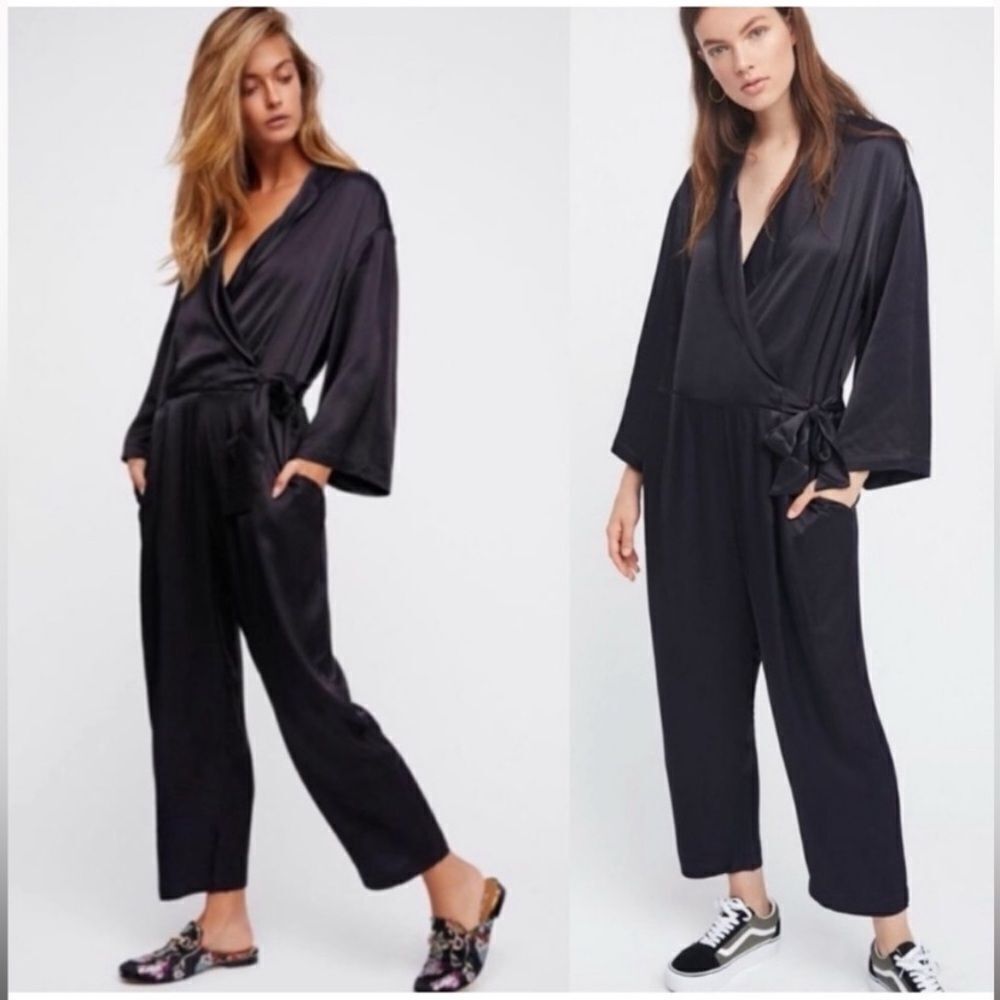 FREE PEOPLE BLACK SATIN JUMPSUIT - Picture 4 of 15